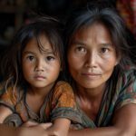 Realistic photograph of a mother and her daughter sitting together, their expressions wistful and dreamy, as they imagine a beautiful house. The image captures a tender moment between them, surrounded by a modest, perhaps cramped living space that contrasts sharply with their dream. The setting suggests a longing for better living conditions, with subtle details in the background hinting at their current struggles. This scene conveys hope and aspiration, despite challenging circumstances. Analog style, 35mm, high quality and detail. --ar 3:2 --stylize 600 --v 6 Job ID: e6e739bd-9397-48b0-ab50-7d7b8984ba1b